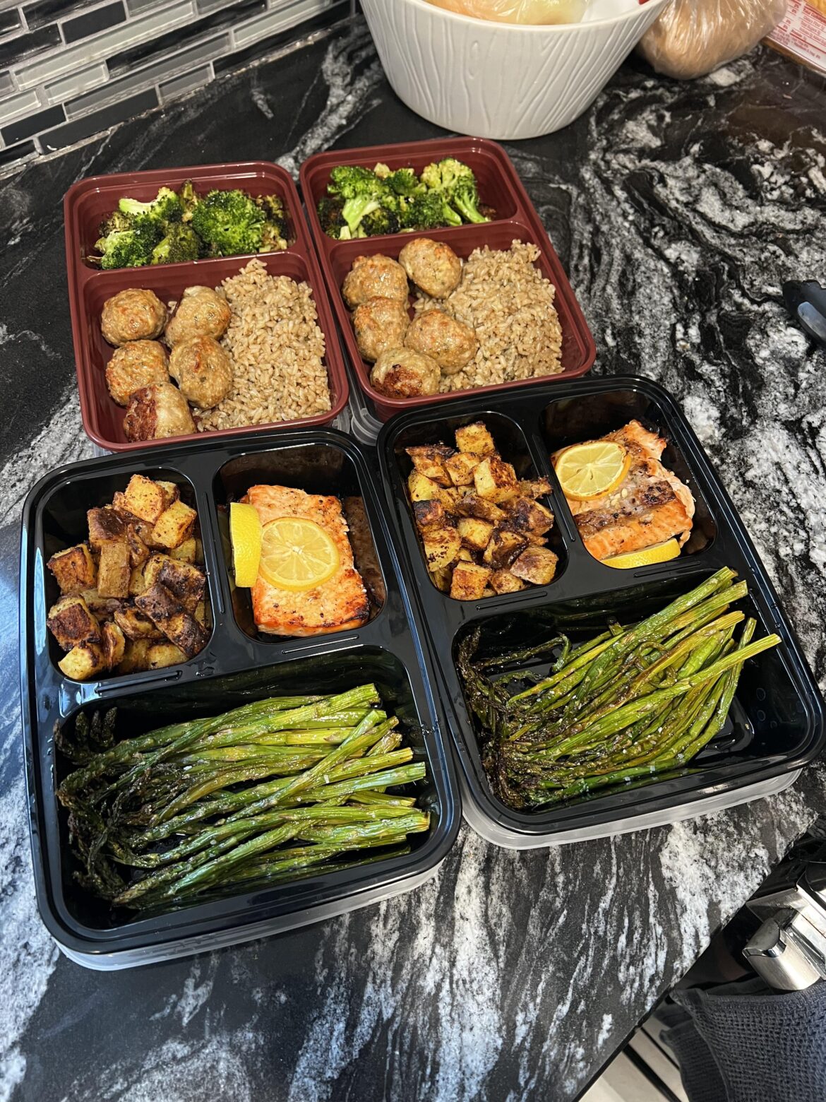 Some dinner prep - turkey meatballs, brown rice and roasted broccoli & Garlic lemon salmon with roasted asparagus and roasted potatoes.