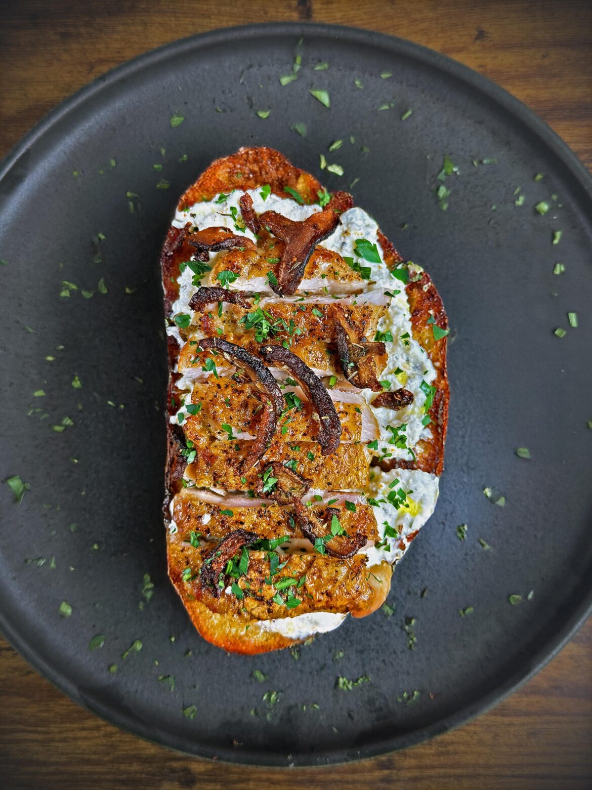 Homemade Crispy Chicken Thighs on Buttered Sourdough with Whipped Ricotta and Roasted Mushrooms