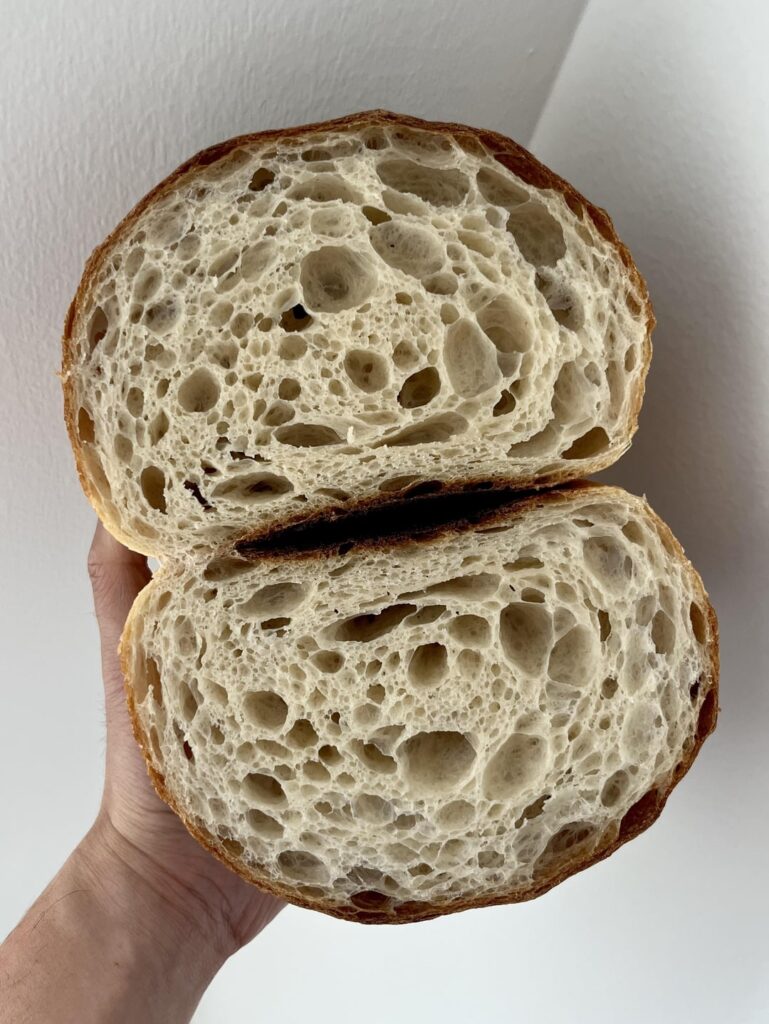 Lacy open crumb surprise, no scoring!