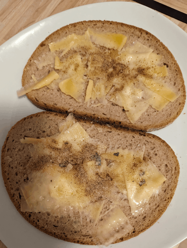 Bread + cheese + instant noodle seasoning + spices.