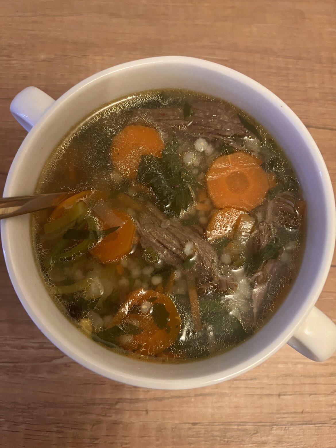 Beef soup with pearl barley