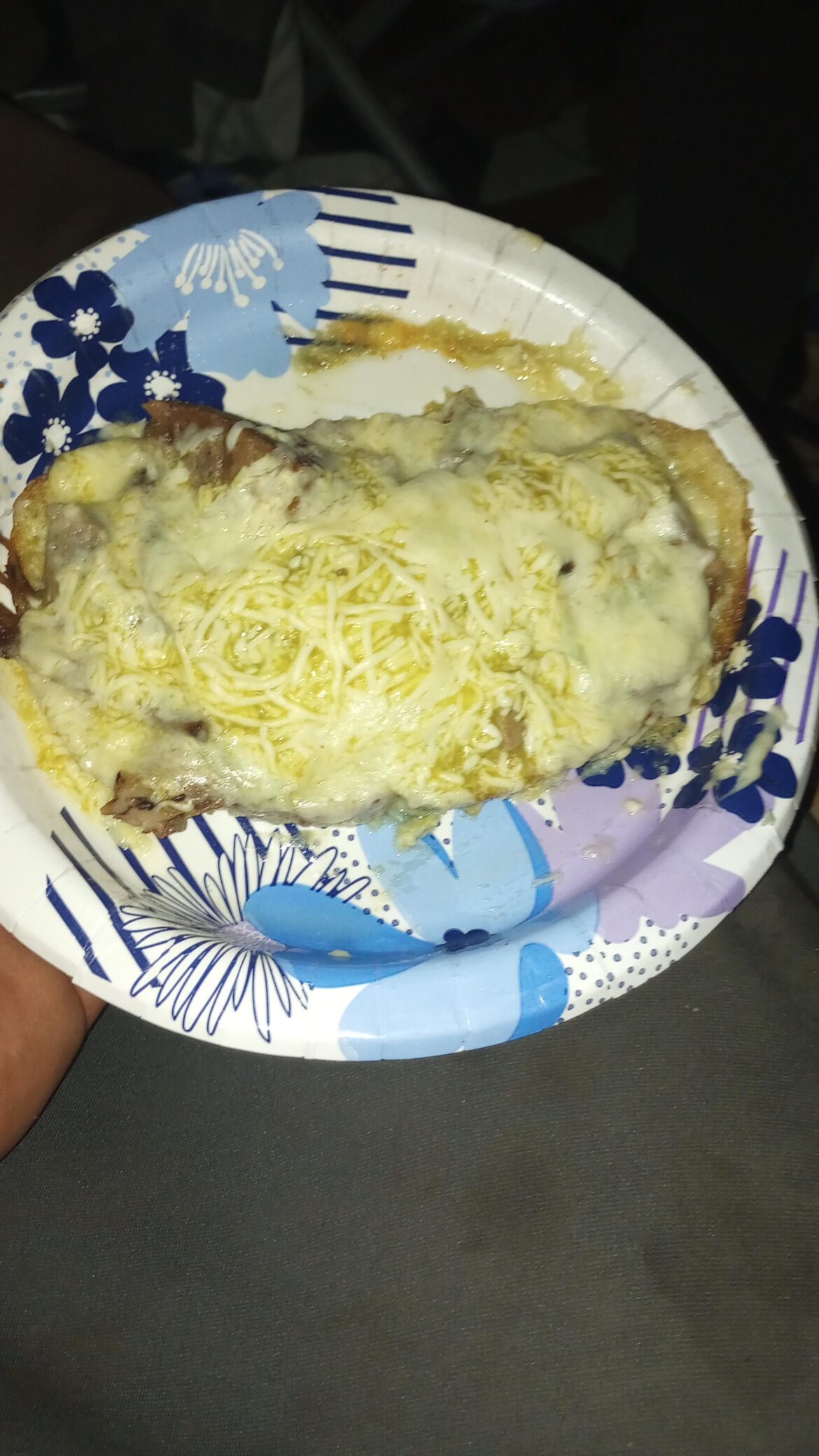 Got real drunk on fortified wine. Sourdough Guy here. Tonight we got. Garlic sourdough, mayo, leftover beef pot roast, onion, Monterey jack, salt n Peppa. Green Tobasco.