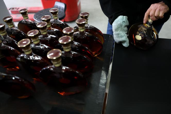 Bottles of cognac from the Château de Montifaud producer, before shipment, in Jarnac-Champagne (Charente-Maritime) on March 20, 2025.