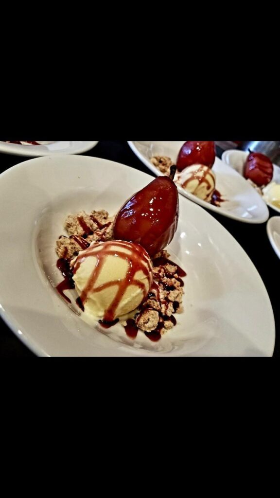 Old photo Bay laurel ice cream, cardamom crumble red wine poached. *Old photo* Bay laurel ice cream, cardamom crumble red wine poached.