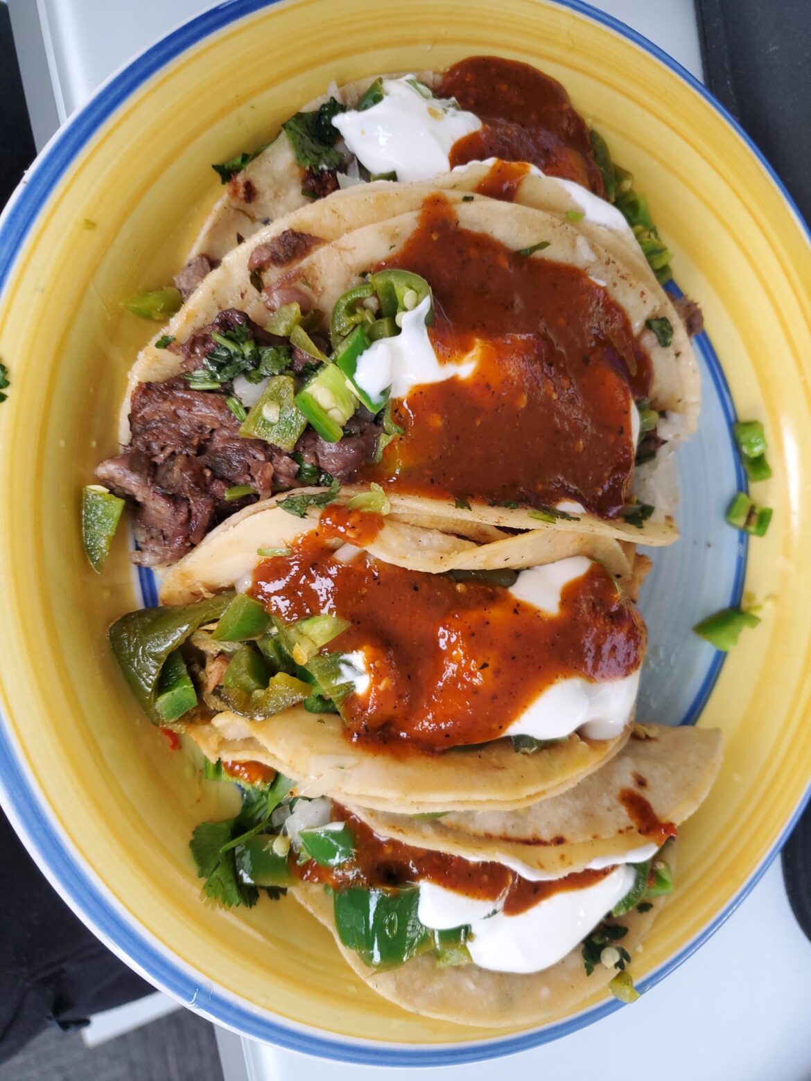 For the fools that hated on my crunchy americans, here are some soft mexicans. Lengua, cabeza, asada and pollo. Crema and hot salsa.