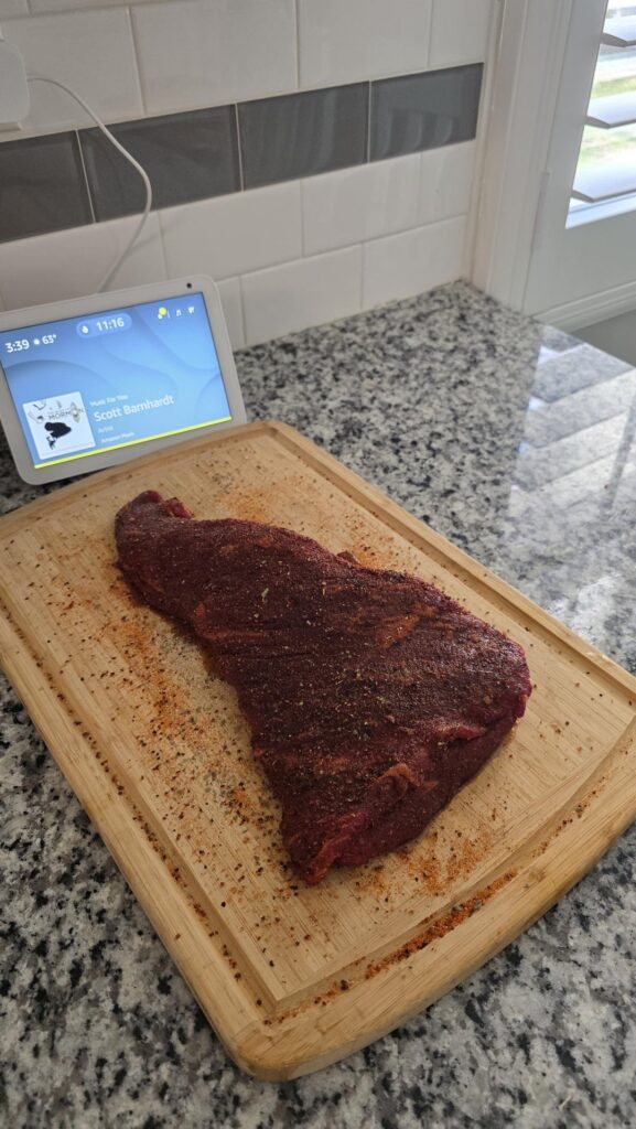 Chimichurri tri-tip with Chipotle rice and grilled corn on the cop with spicy cilantro butter.
