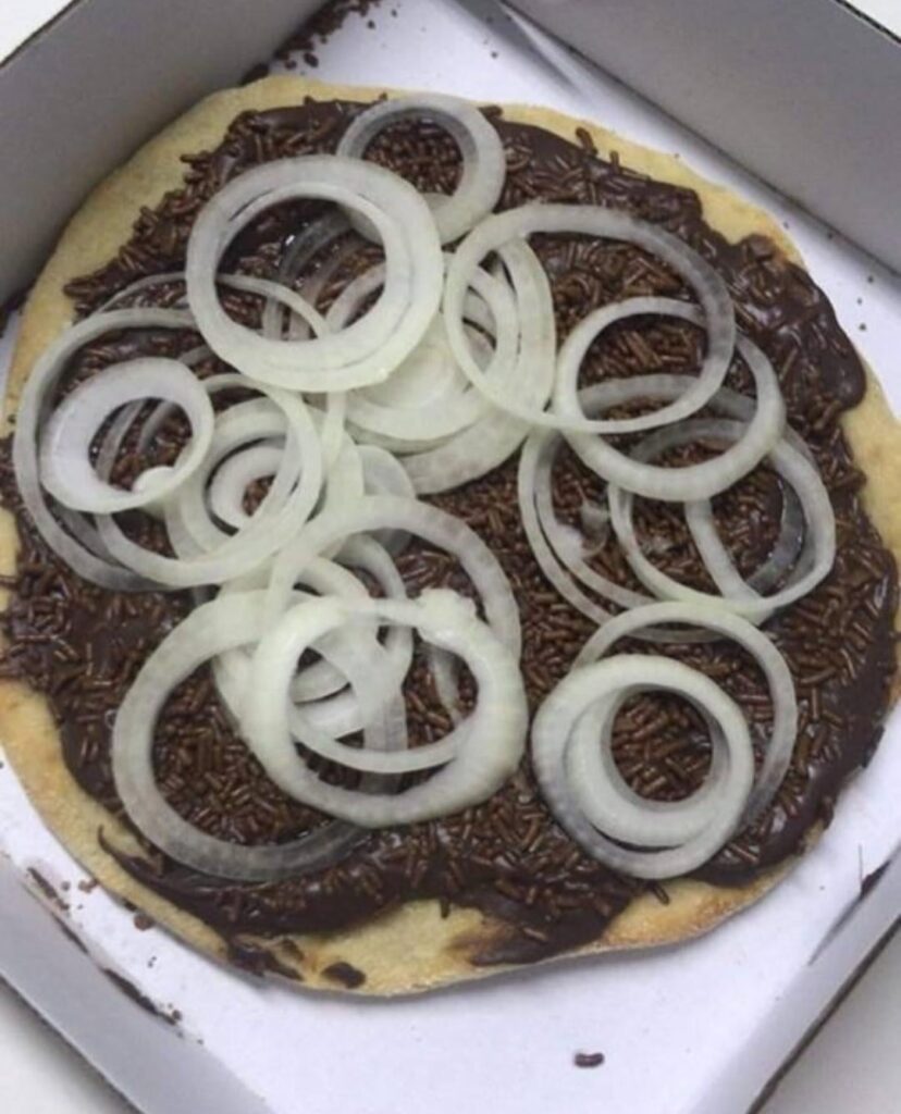 Brigadeiro (candy made with condensed milk and chocolate powder) and onions, delicious.