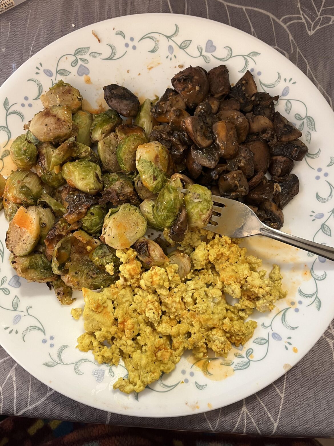 Brussels sprouts, mushrooms and scrambled eggs.