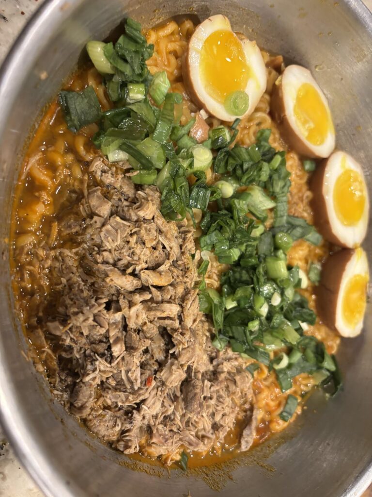 Better eggs this time but still not perfect, Shin Red, leftover pork grilliades, green onions