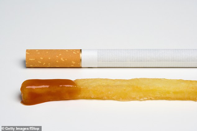 The amount of cancer-causing toxins found in a serving of French fries is equivalent to those consumed when smoking up to 25 cigarettes. (A 5oz serving has about 25 fries, so eating one chip gives the same exposure as smoking one cigarette)