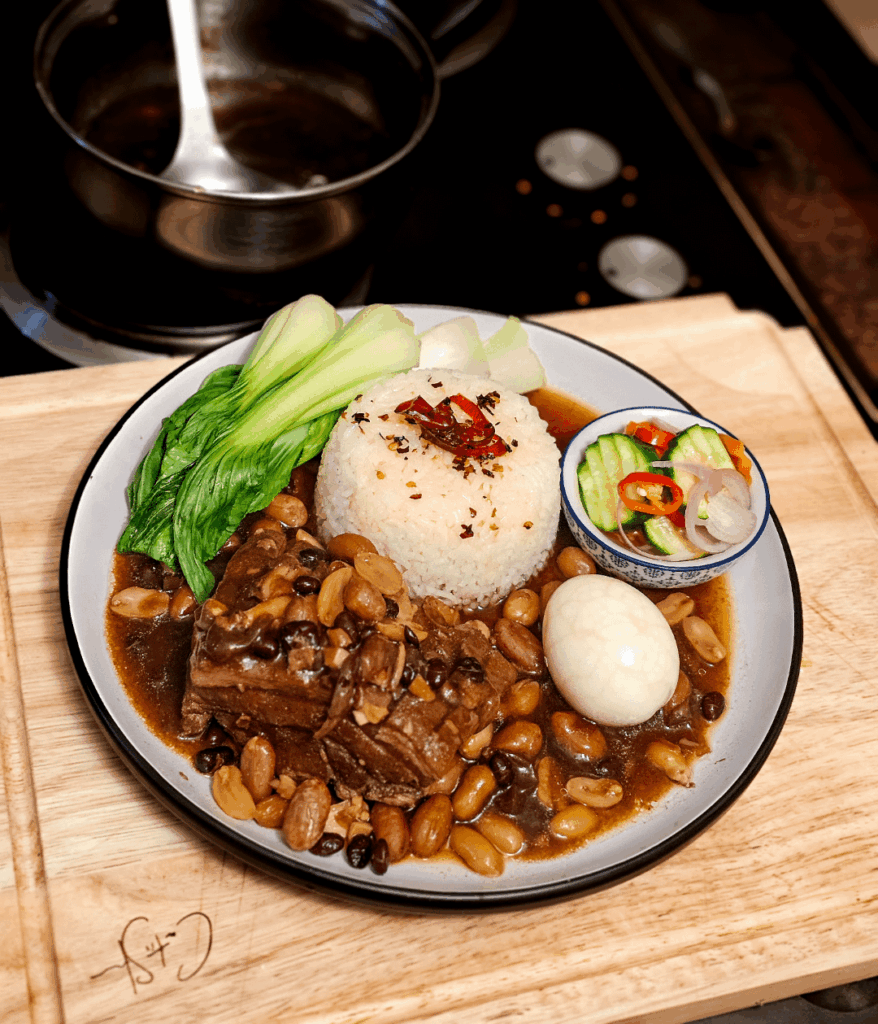 [Homemade] Humba. Filipino style braised pork belly with rice, chilli oil, pickles, boiled egg, and steamed bok choy.