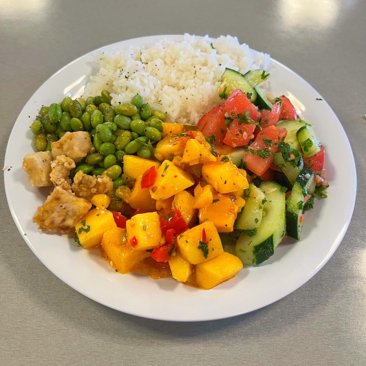 coconut jasmine rice, mango chipotle salsa, siracha edamame, sesame tofu, & tomato cucumber salad