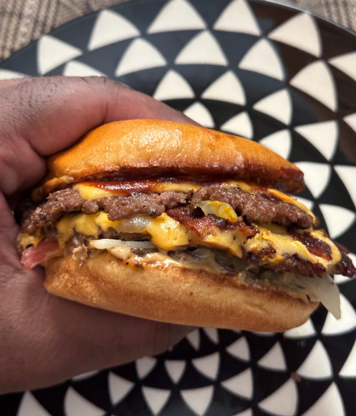 i made a mustard fried bbq bacon cheeseburger with onions 3 ways