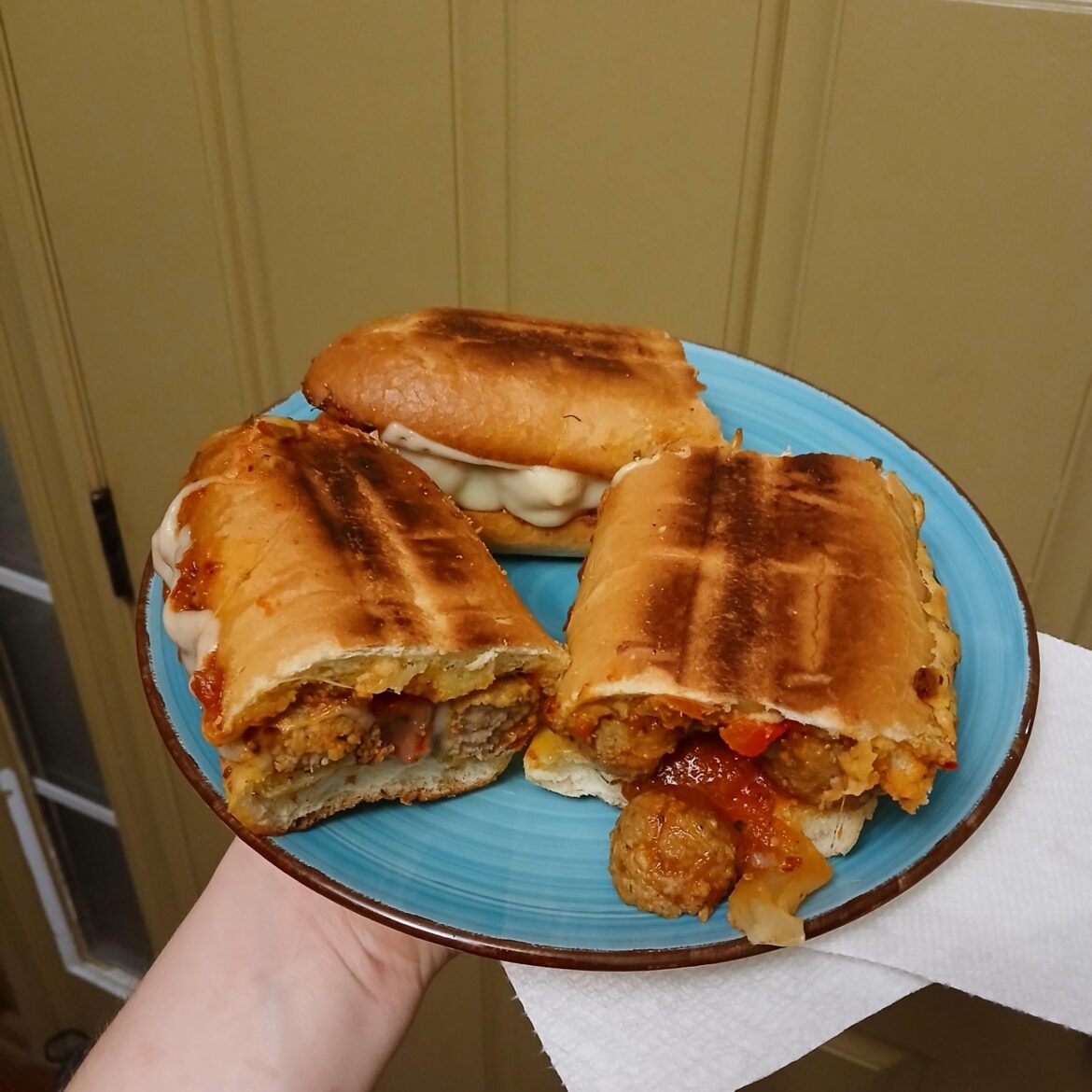 Sandwich so nice, I made it twice. Why not have another Meatball Sub, besides my health? Added peppers and onions this time, next time olives thanks to a suggestion from the comments