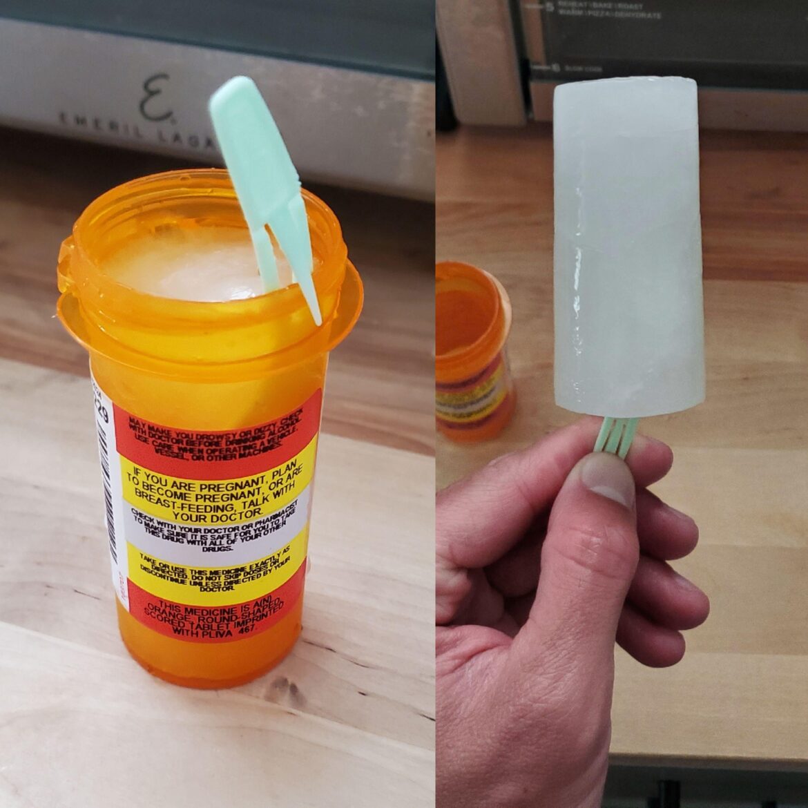 Apparently my girlfriend has an issue with my flosser prescription bottle lemon water popsicle