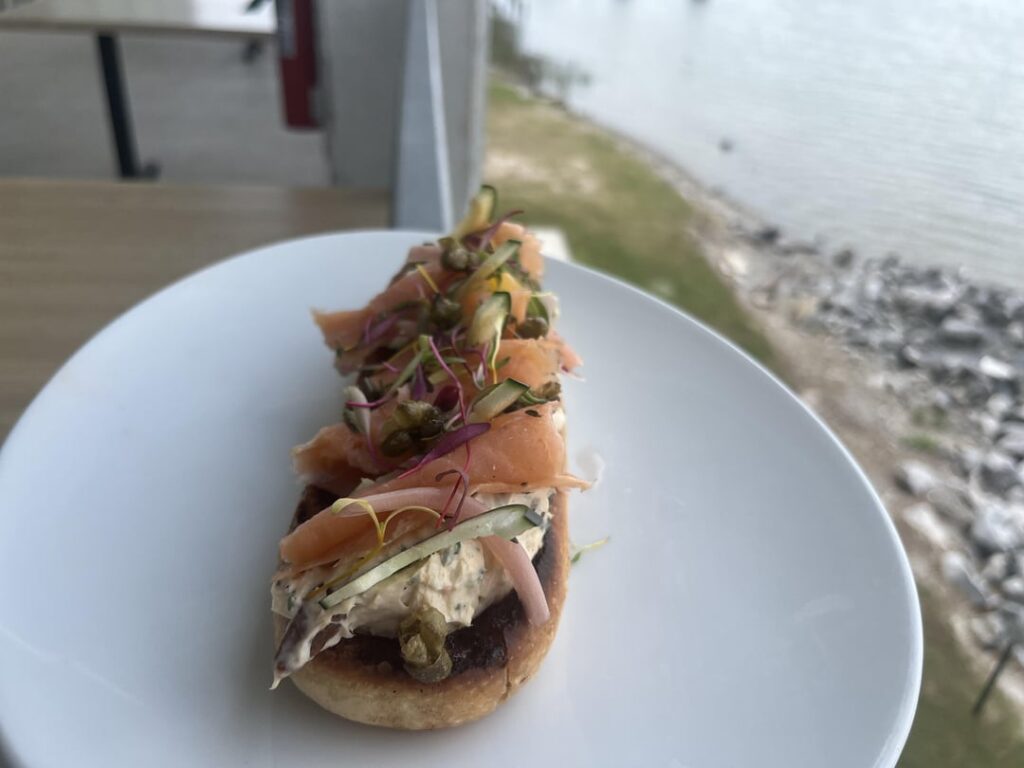 Brown butter baguette, crawfish Boursin, smoked salmon, cucumber, pickled onion, fried capers