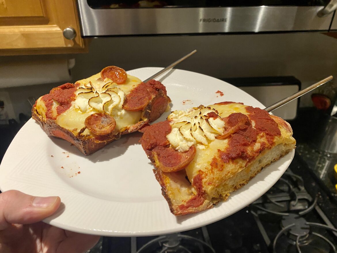 When reheating thick pizza in the oven, I skewer the centers with stainless steel straws to ensure the center heats more evenly with the outside.