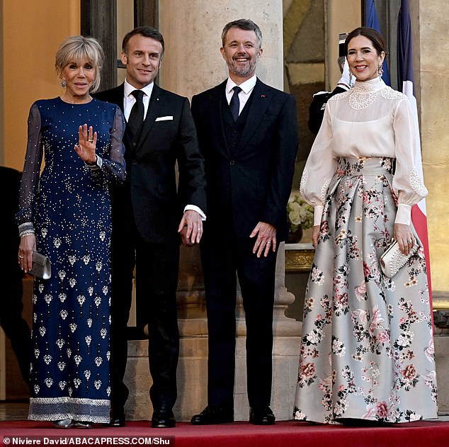 French First Lady Brigitte Macron and French President Emmanuel Macron welcomed King Frederik X and Queen Mary of Denmark (pictured from L to R) to the presidential Elysee Palace to attend a state dinner on Monday evening