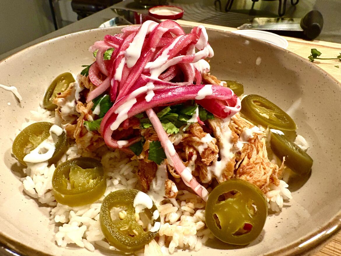 Meal Prep crockpot chicken tinga and pickled veggies on white rice
