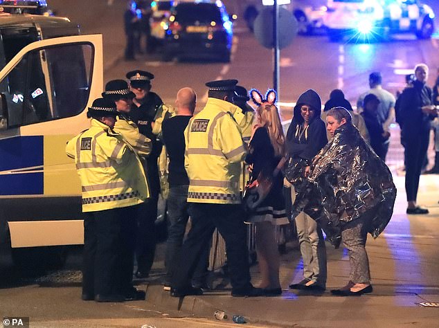 Abedi is serving life at HMP Frankland in Durham for 22 murders in the Manchester Arena bombing. Pictured: The scene close to the Manchester Arena after the terror attack at an Ariana Grande concert