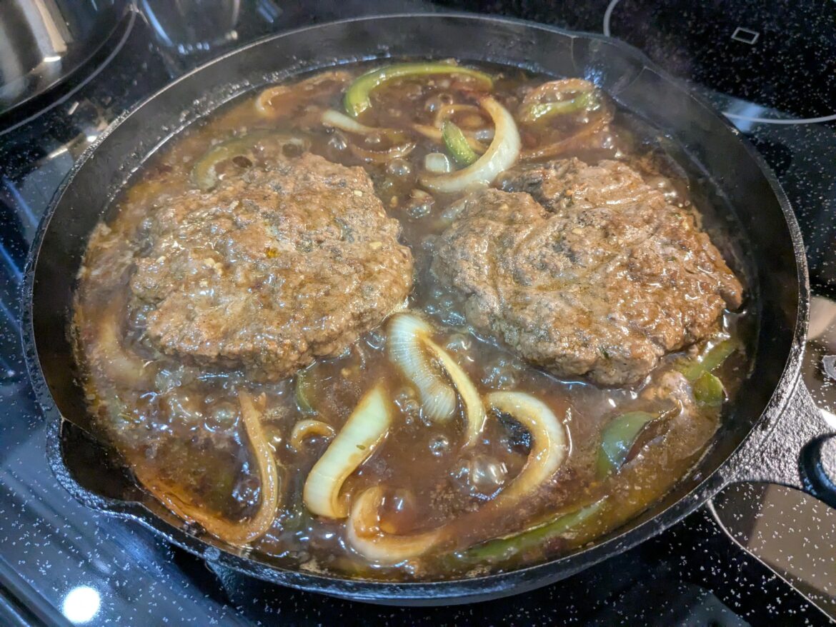 Some semblance of salisbury steak after cutting grass all day and chugging beer.