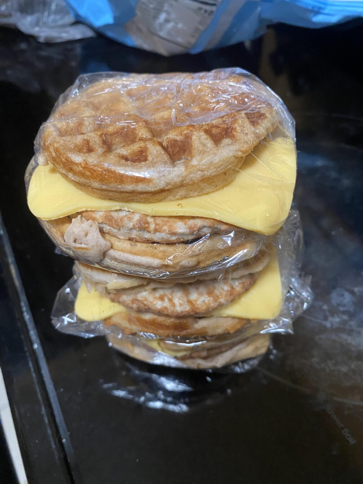 Can’t afford to keep buying Jimmy Dean Griddle Cakes or Pancake sausage on a stick, so I made my own waffle sandwiches with strawberry syrup in the batter. So good! 287 calories each