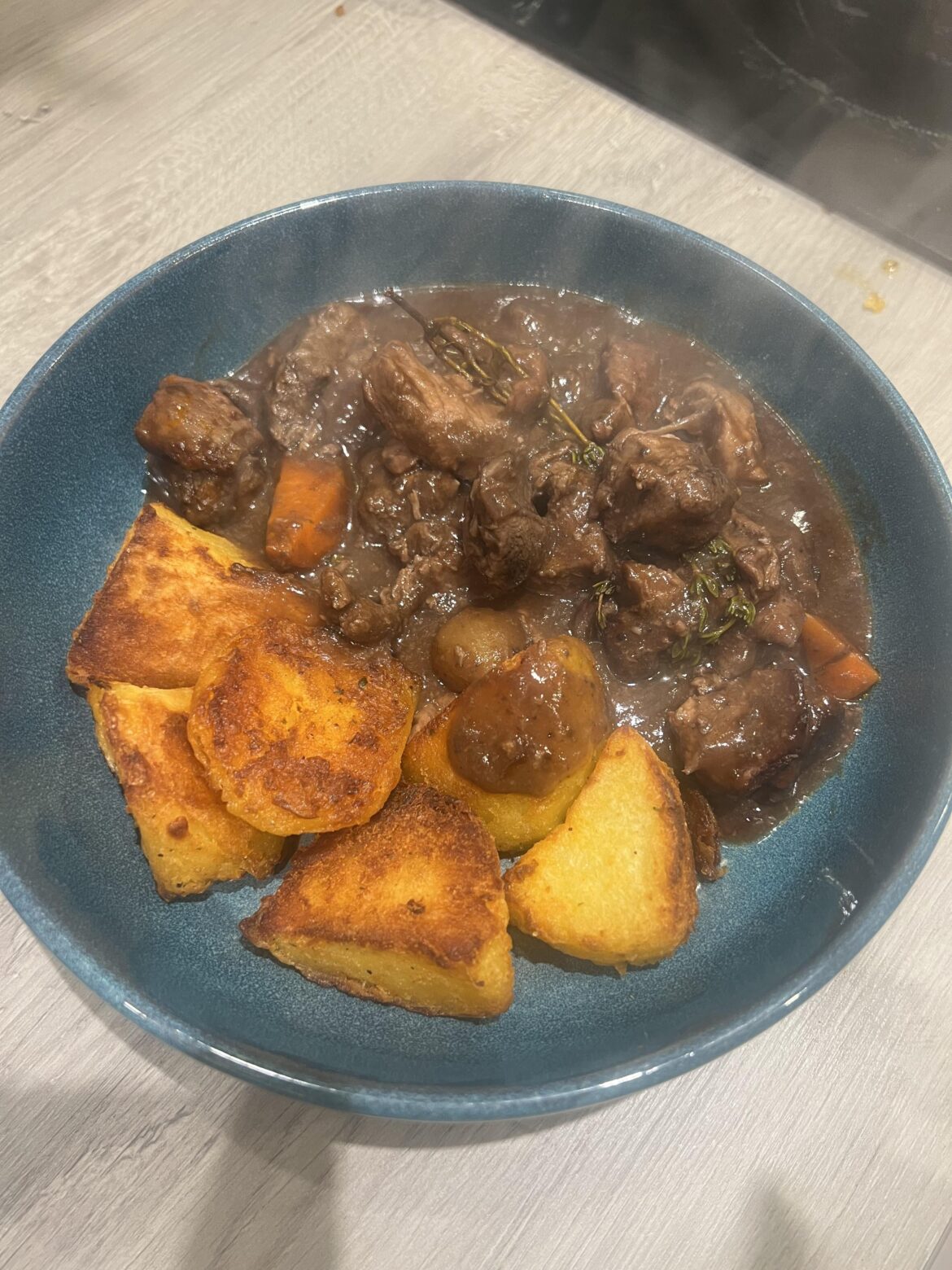 Venison Casserole from a farm shop and homemade roasties