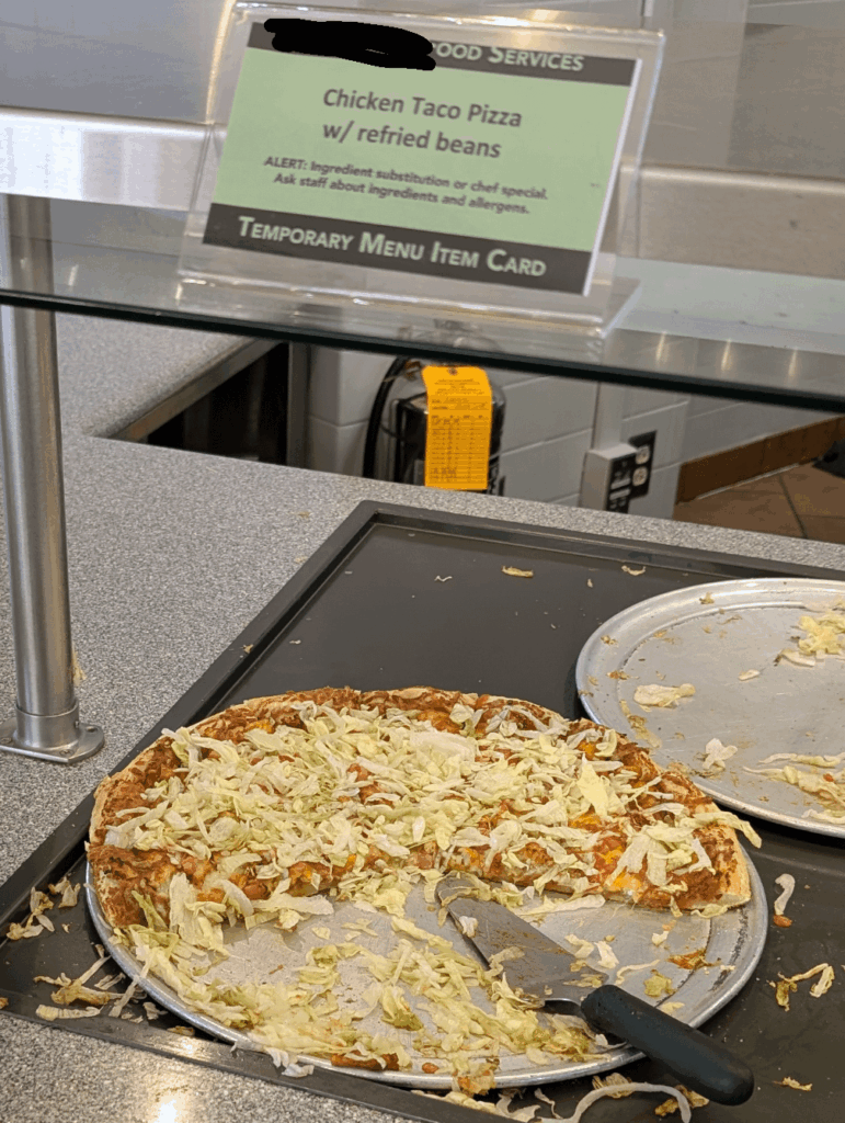 My Uni's pizza guy is going insane. The beans replace the marinara sauce, and are under the cheese