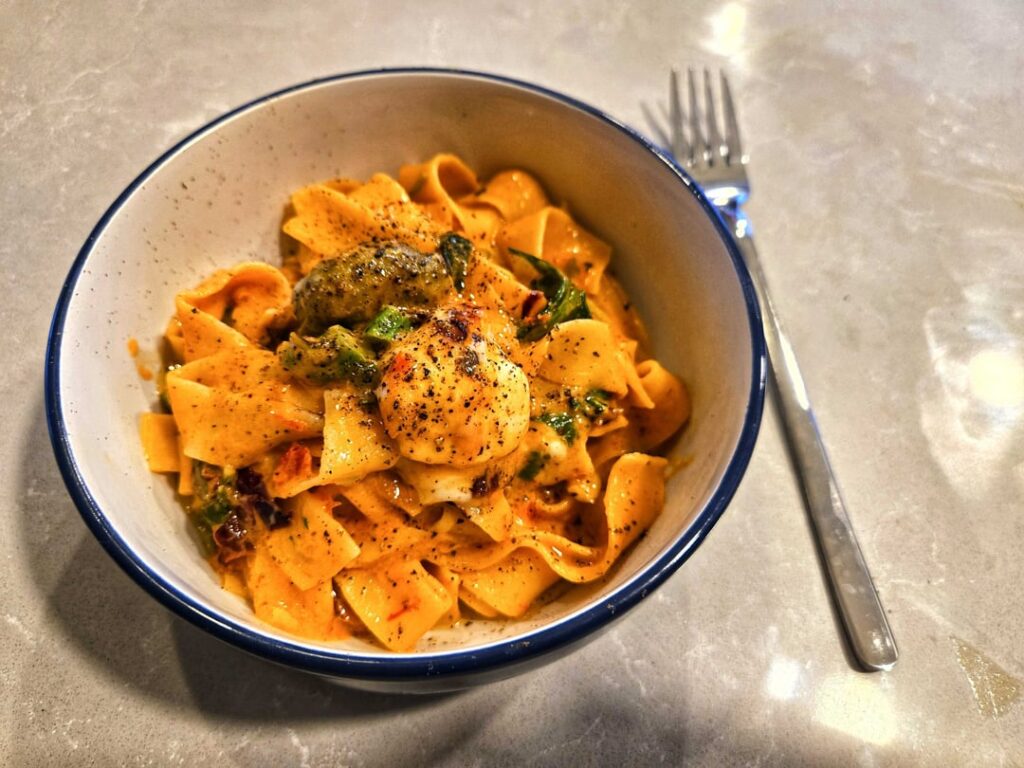 Spicy Rose Tagliatelle w/ Gai-lan & Olives