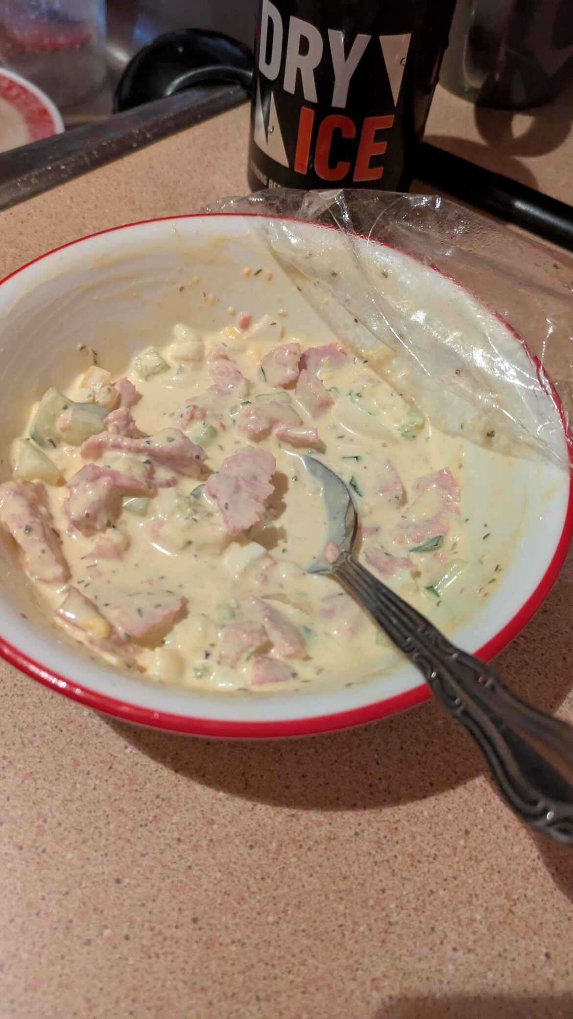 kielbasa, cucumber, onion, and boiled egg. mayo with a *little bit* of pickle brine, lemon juice, and the tiniest bit of mustard topped with coarse black pepper. on purpose. shit almost didn't make it to the toast it was so good