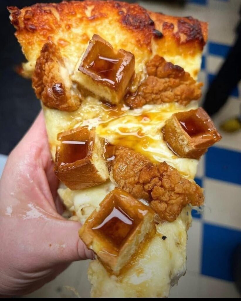 Chicken and waffle pizza with maple syrup sockets