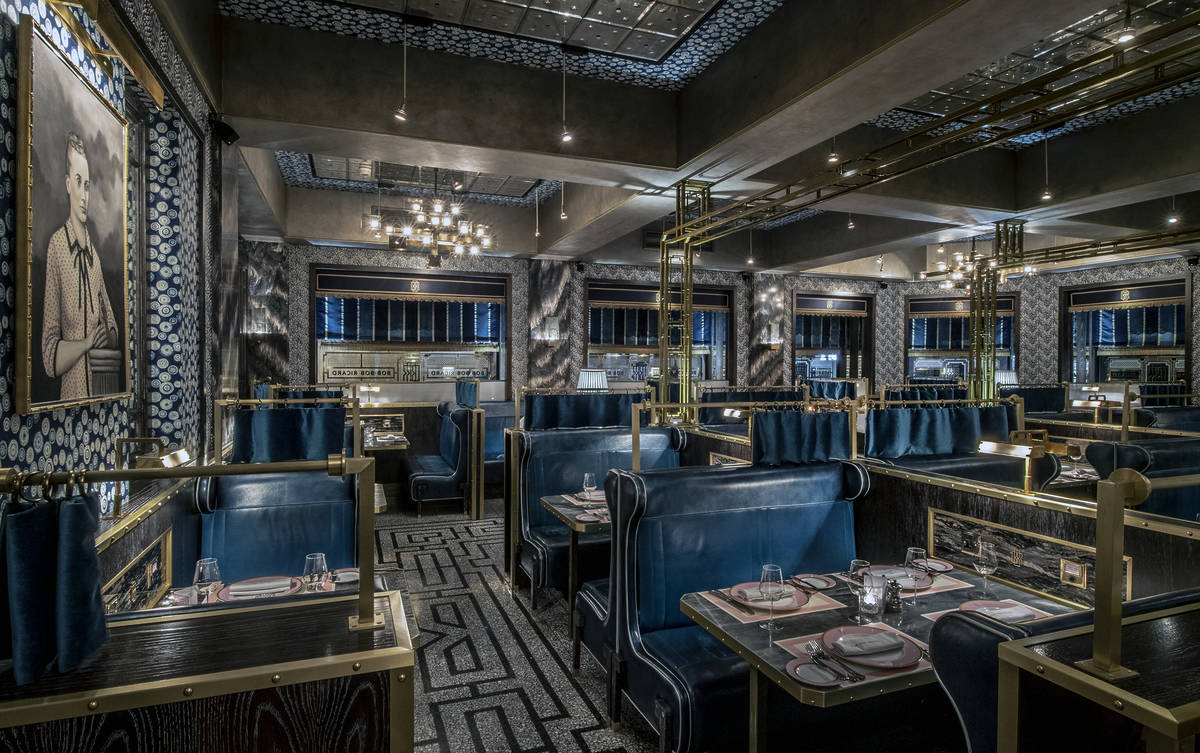 blue booths filling the dining room at bob bob ricard