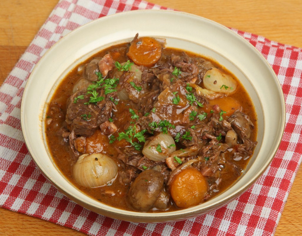 Beef bourguignon, a famous French dish