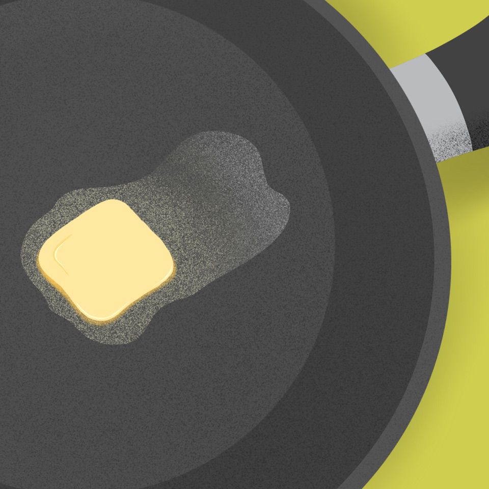 A pat of butter sizzling in a frying pan. Illustration.