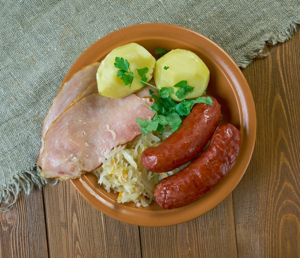 Choucroute with potatoes, ham, and sausage