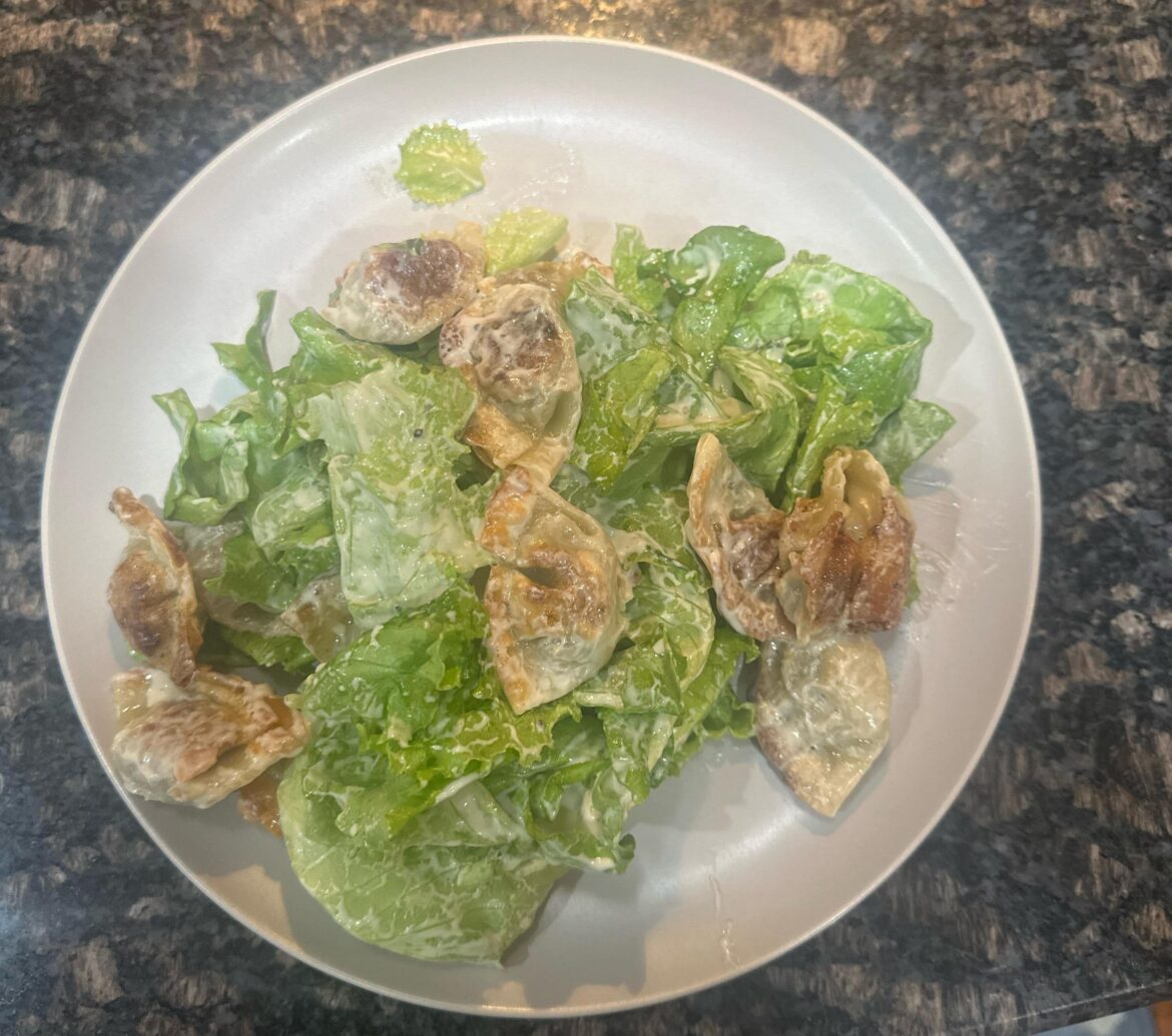 Was too tired to cook something sane. I present you Caesar Salad with Wontons.