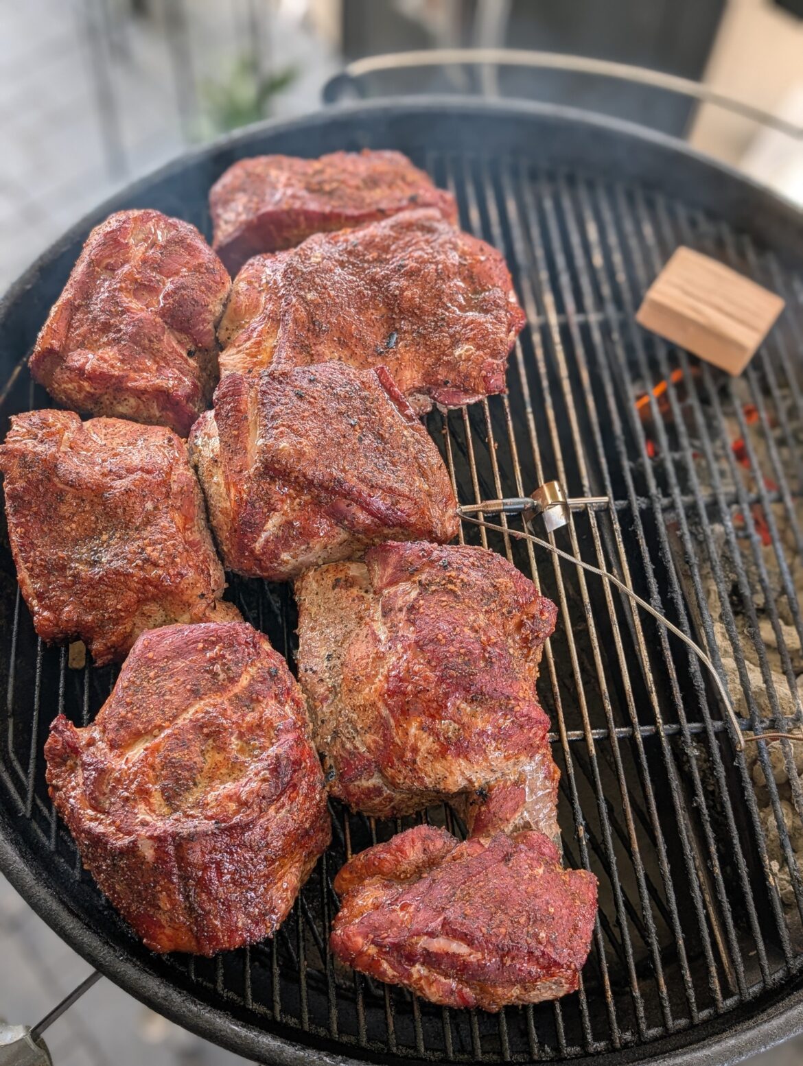 Pulled Pork. Cut up two large Costco shoulders into quarters. Saved me a few hours!