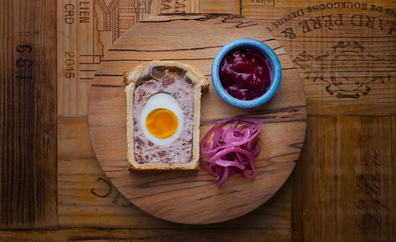 Seasonal pâté en croute and the Gala pie. Pork, onion and on the wild side pancetta force meat with hard boiled egg through the centre. Photograph: Michael McLaughlin