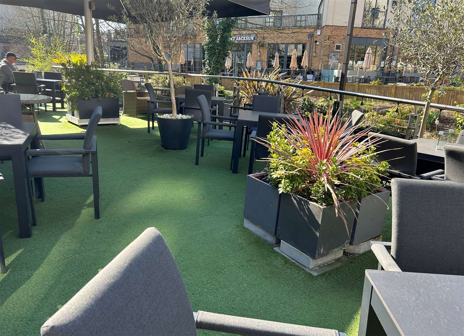 The terrace for al fresco dining beside the River Stort