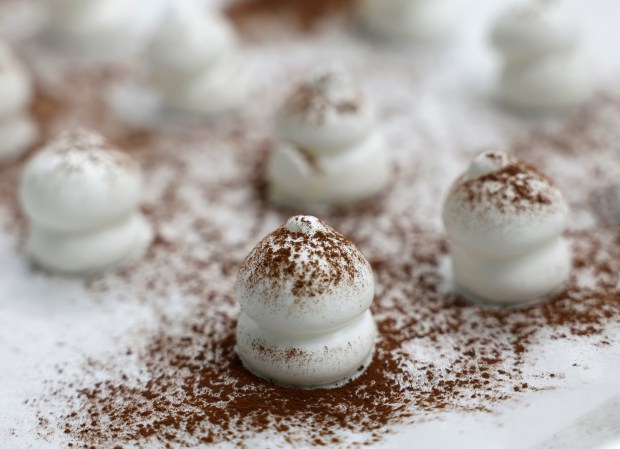 Woodland “mushrooms” made of meringue await careful placement to help...