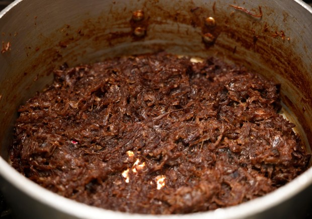 Caramelized onions for french onion soup au gratin at Jo's Diner in Mission Hills on Tuesday, Feb. 25, 2025. (K.C. Alfred / The San Diego Union-Tribune)