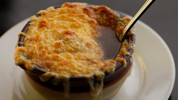 French onion soup au gratin at Jo's Diner in Mission Hills on Tuesday, Feb. 25, 2025. (K.C. Alfred / The San Diego Union-Tribune)