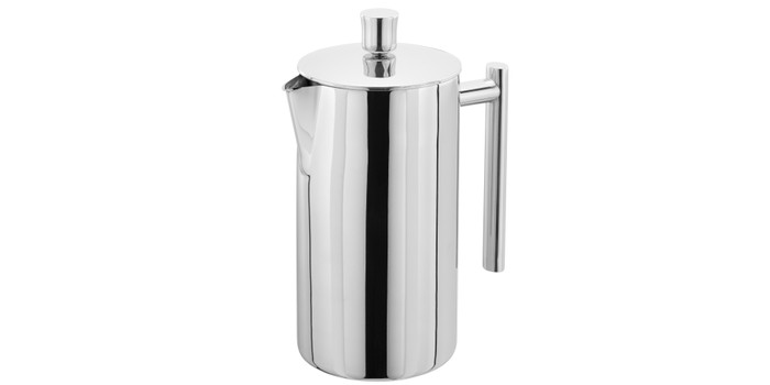 A metal cafetiere against a white background