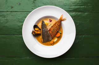 A bowl of Bouillabaisse, or fish stew, served in a white bowl and placed on a green table top