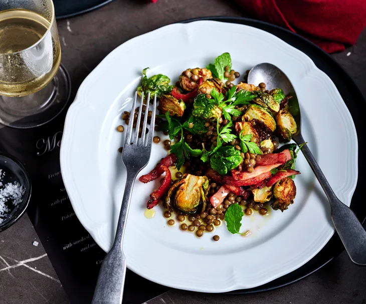 Puy lentils with bacon and Brussels sprouts