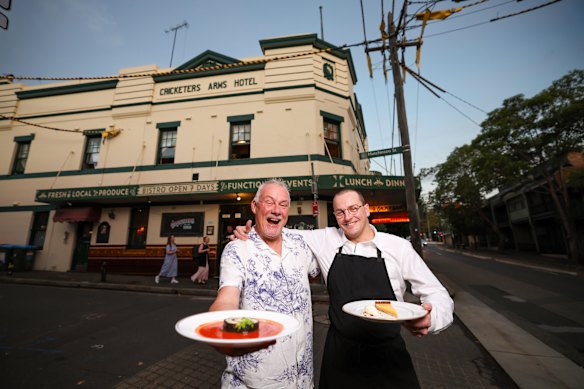 The Cricketers Arms Hotel former chef Martial (Max) Cosyn and current chef Wesley Cooper Jones, with fish and prawn terrine on gazpacho coulis and lemon tart, with double cream and almond. 