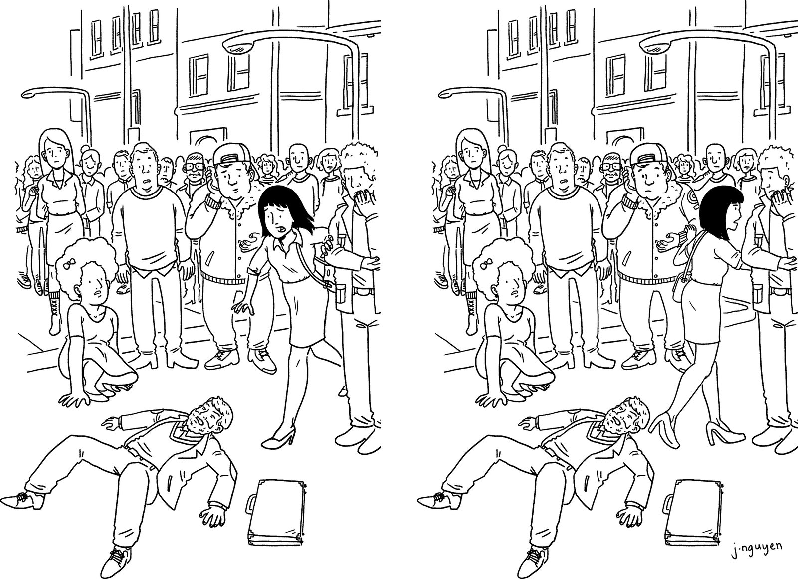 Doctor rushes to save stranger in public in first panel in second panel she rushes to leave because the fallen man is...