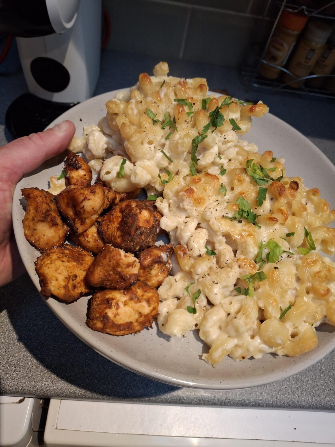 Three cheese pasta bake and some spicy chicken