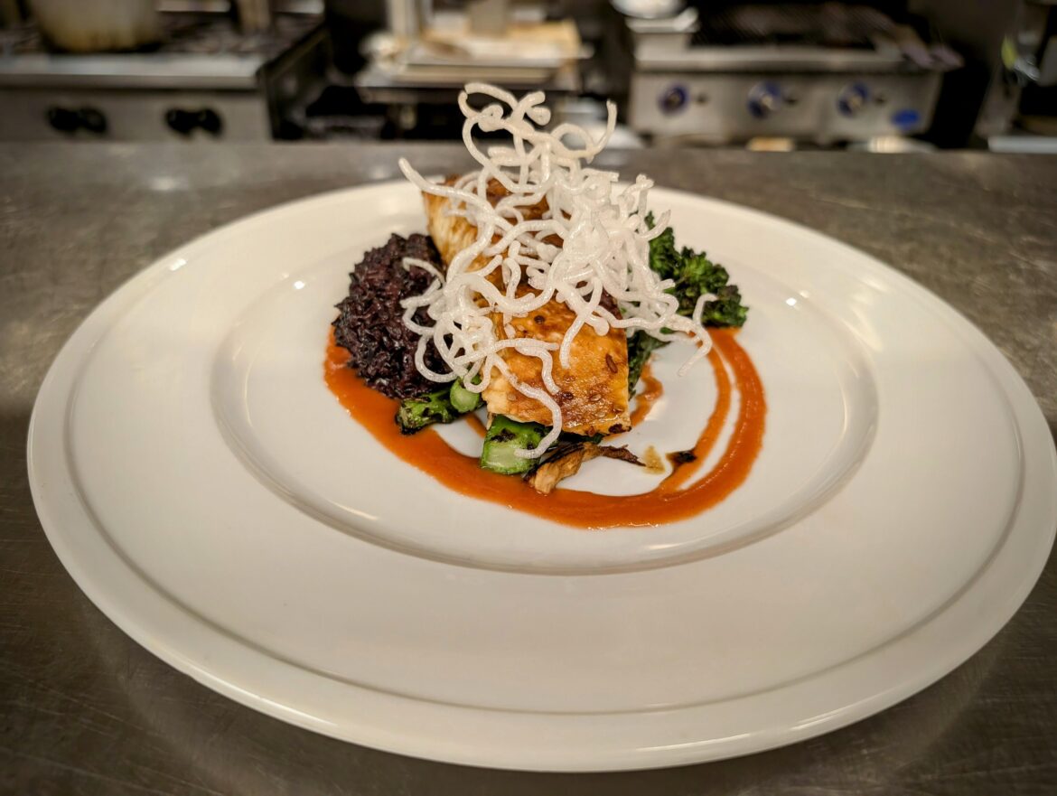 Tamari Glazed Halibut|Coconut Forbidden Rice|Grilled Broccolini|Gochujang and Blood Orange Reduction|Rice Noodle