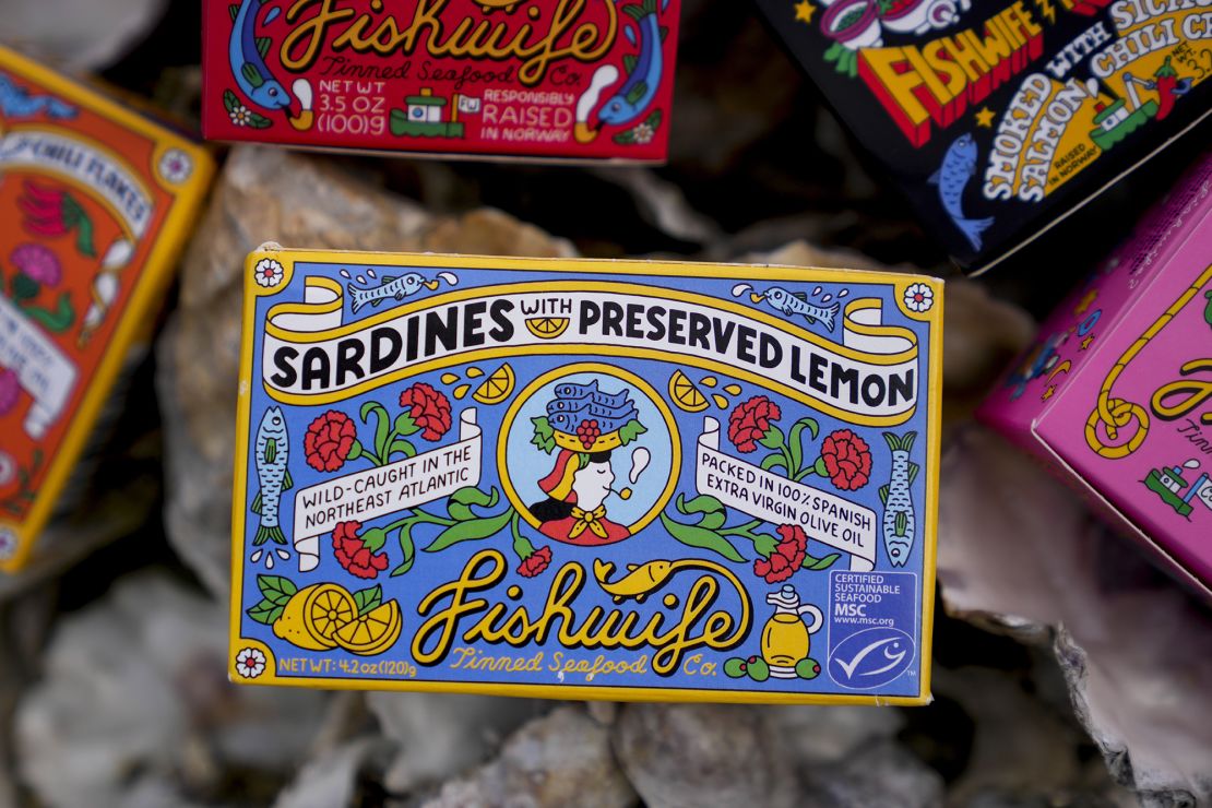 Fishwife's tinned sardines with preserved lemon feature colorful, funky packaging typical of these newer brands.